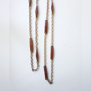VINTAGE 1970'S WOOD DIAMOND SHAPE WRAP NECKLACE WITH GOLD TONE CHAIN LINK Boho